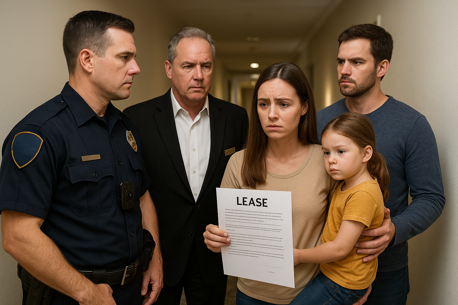 Police, hotel managers, and tenants discussing a rental dispute
