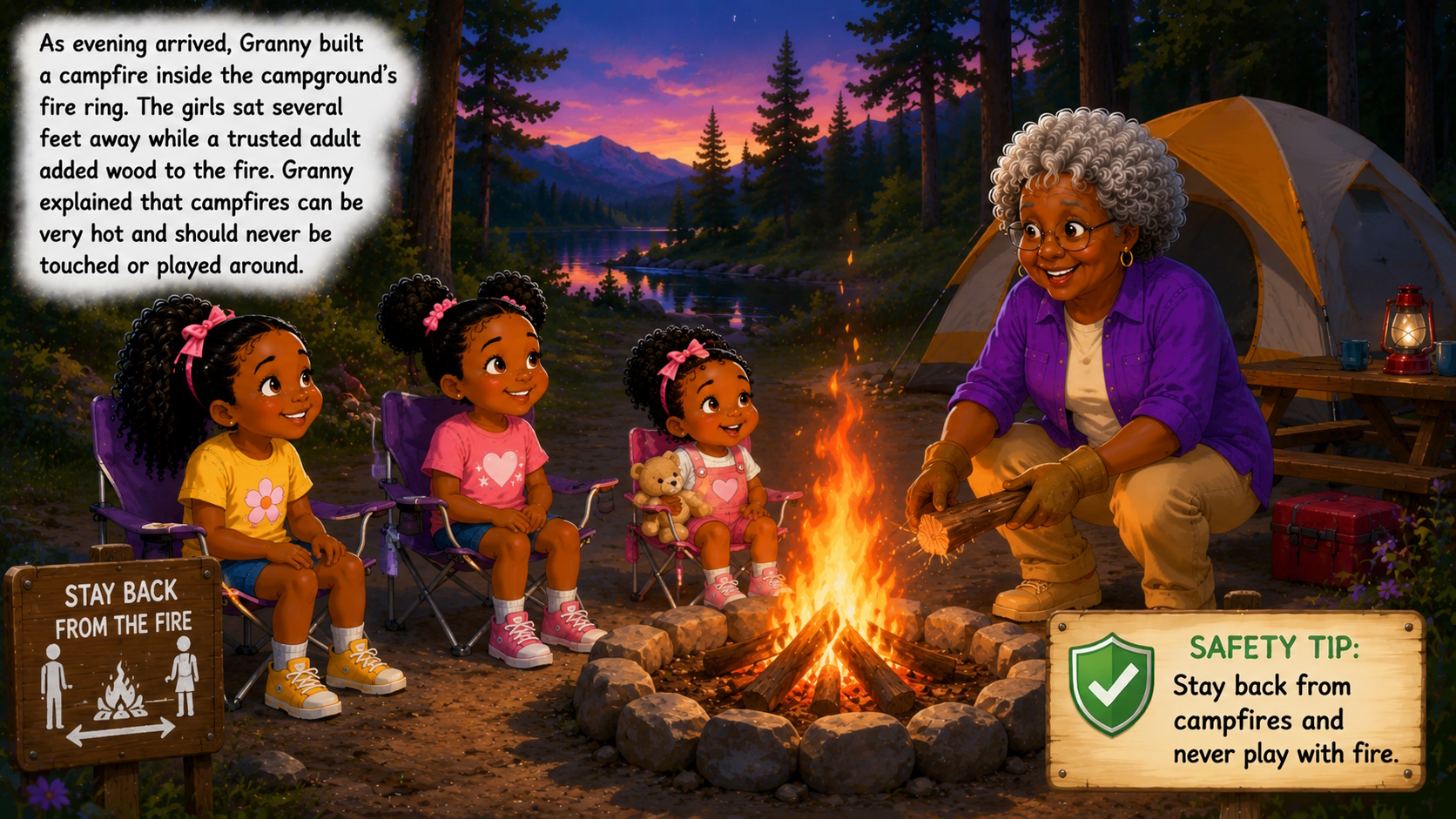 Granny teaches girls about being safe on a campsite.