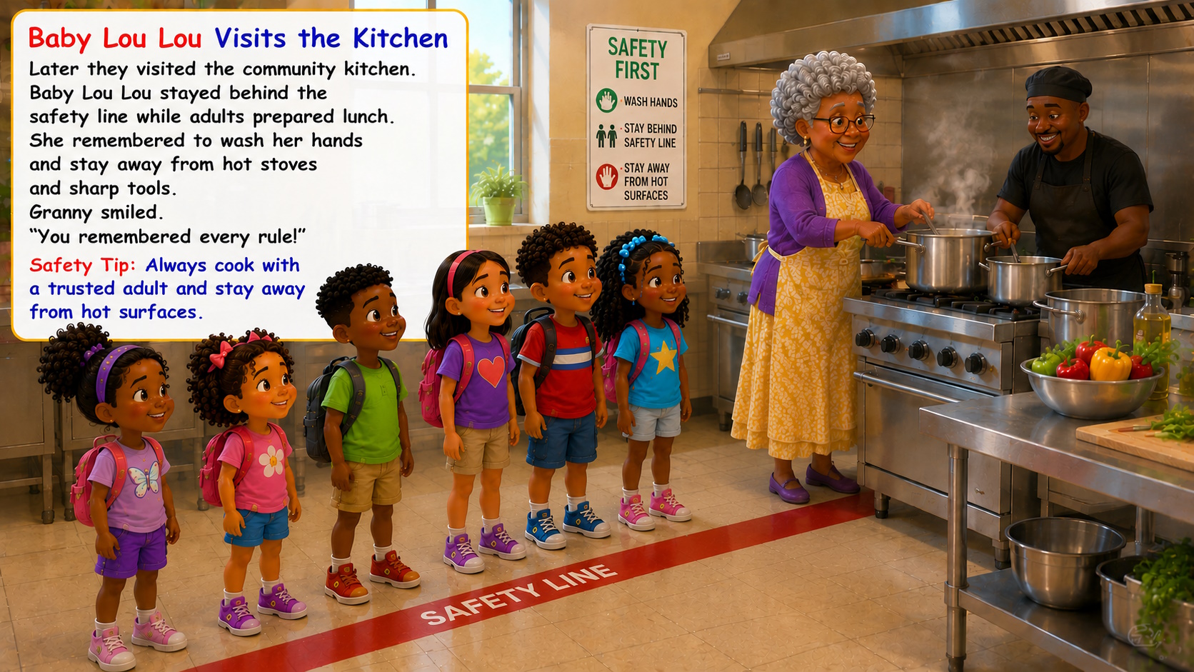 Granny teaches girls about being safe while riding a bike.