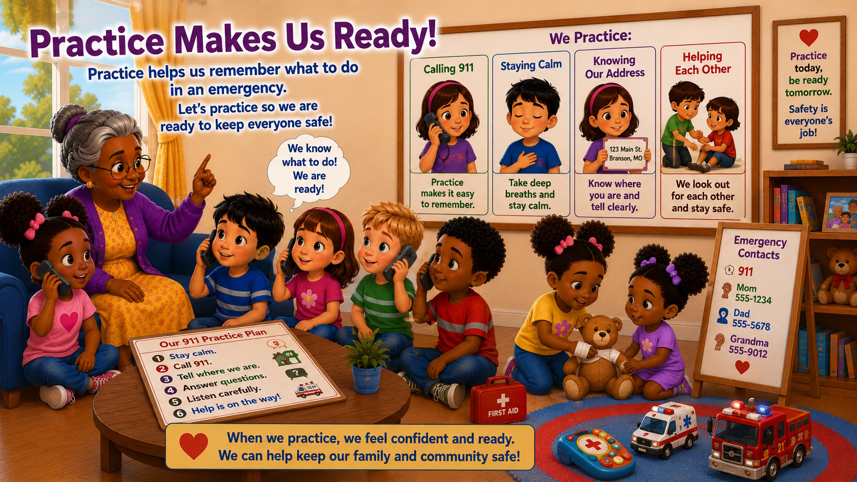 Granny teaches girls 911 Safety.