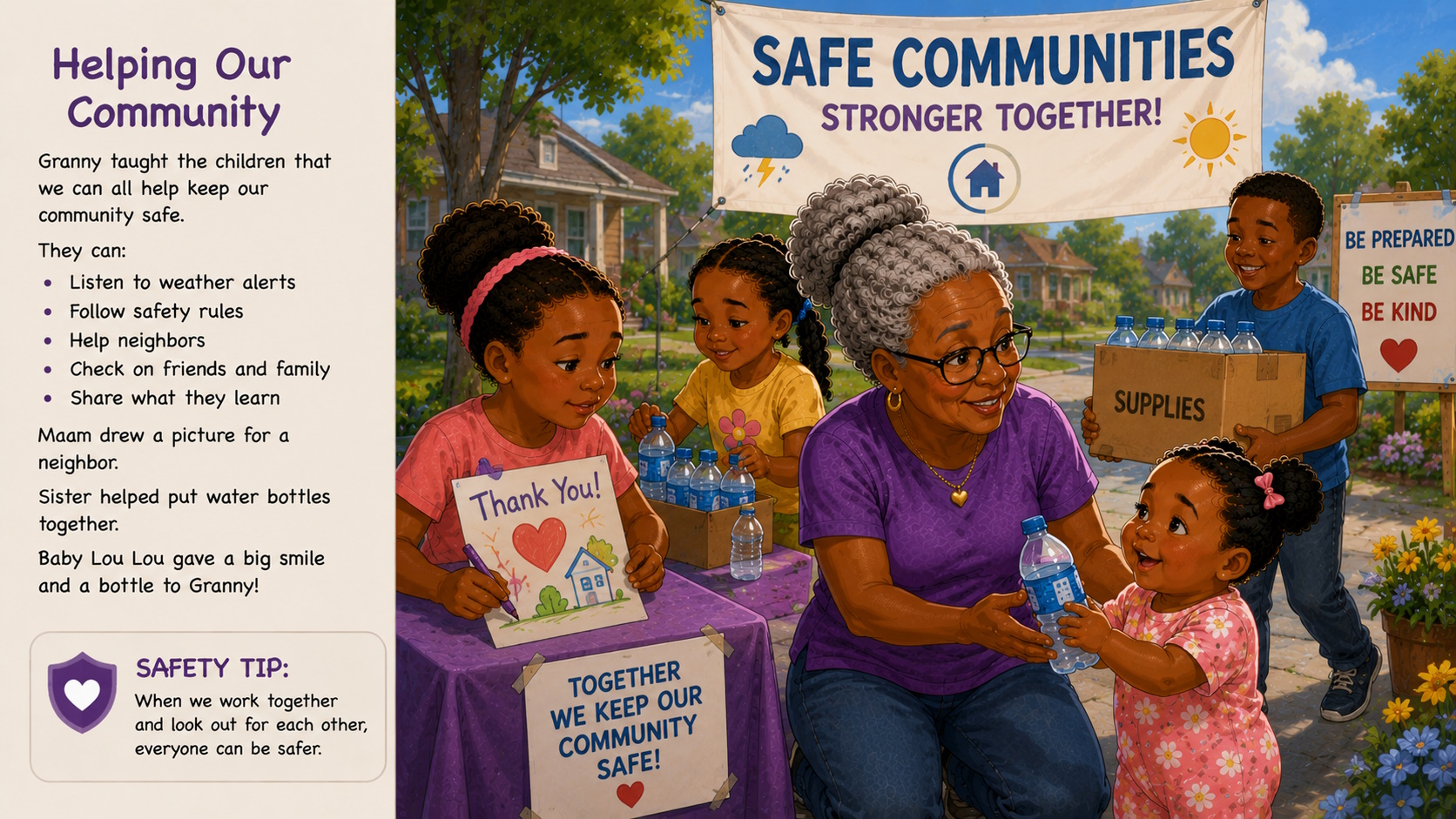 Granny teaches girls about being safe in bad weather conditions.