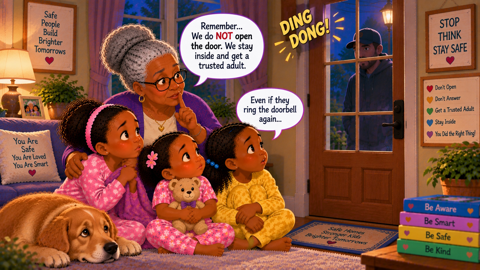 Granny teaches girls doorbell Safety.