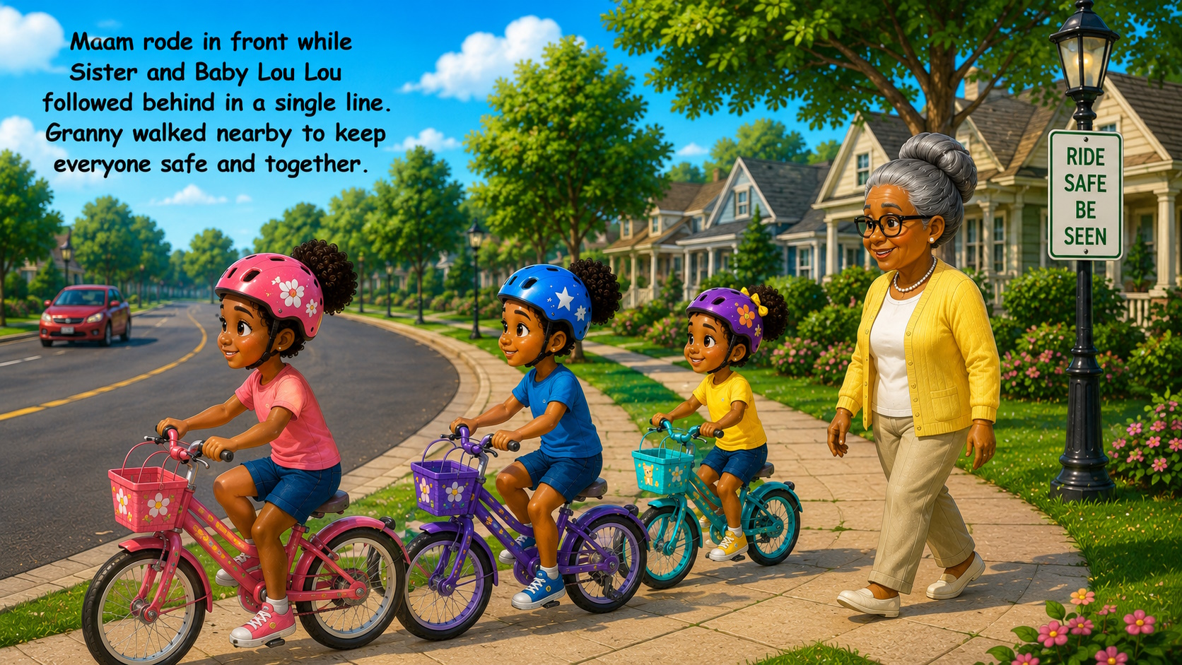 Granny teaches girls about being safe while riding a bike.
