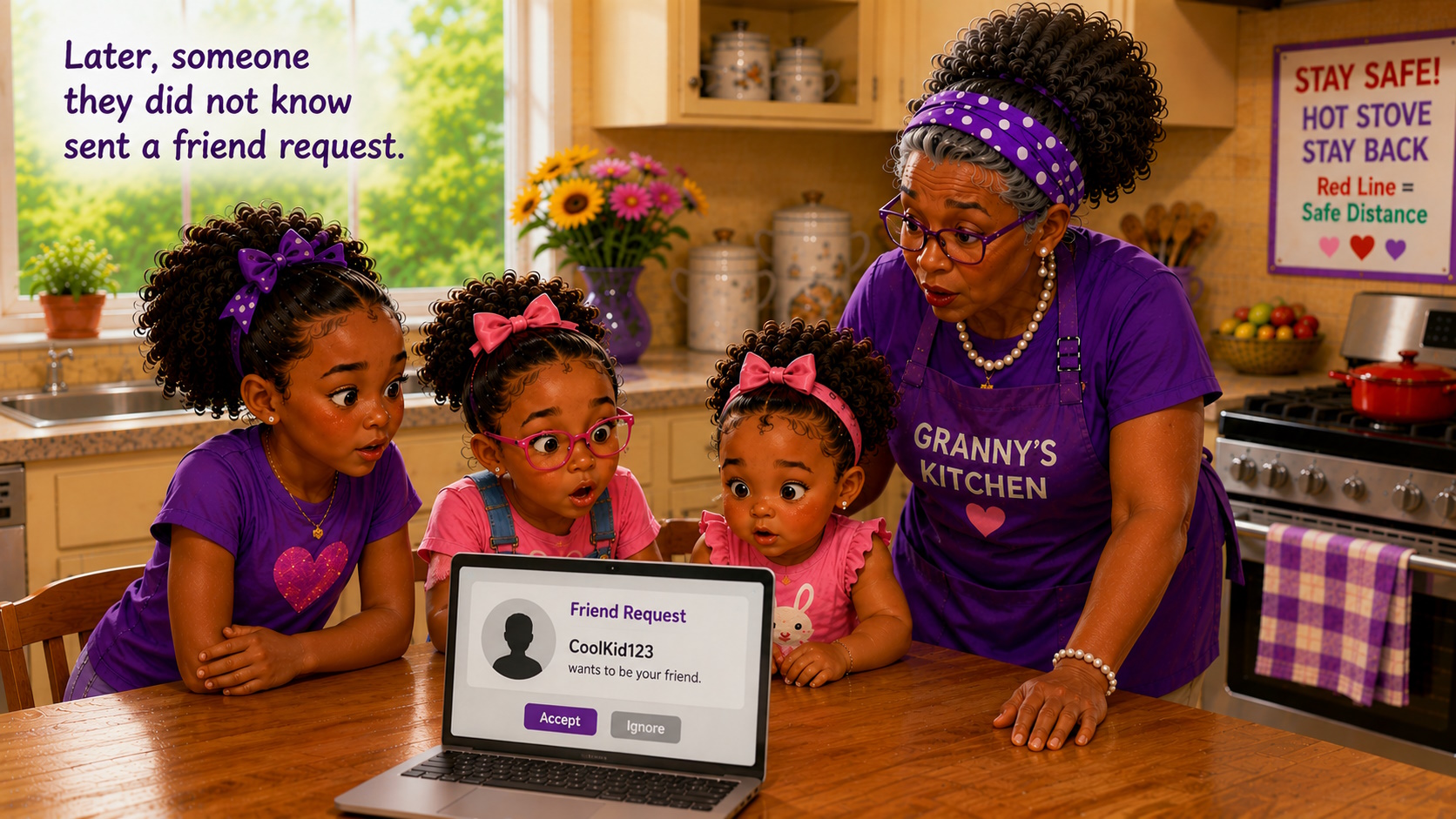 Granny teaches girls about being safe on the Internet.