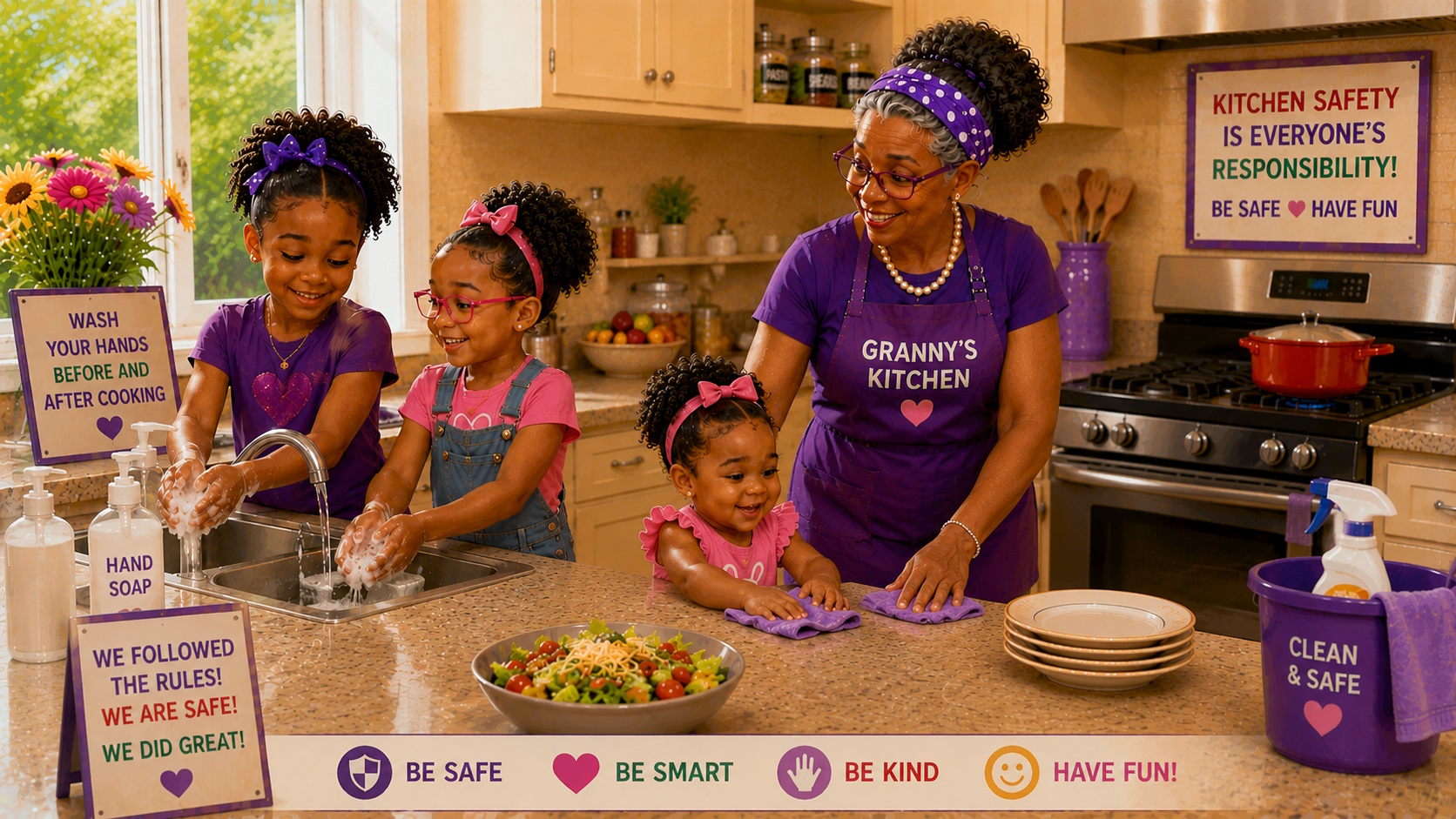 Granny teaches girls about being safe when cooking.