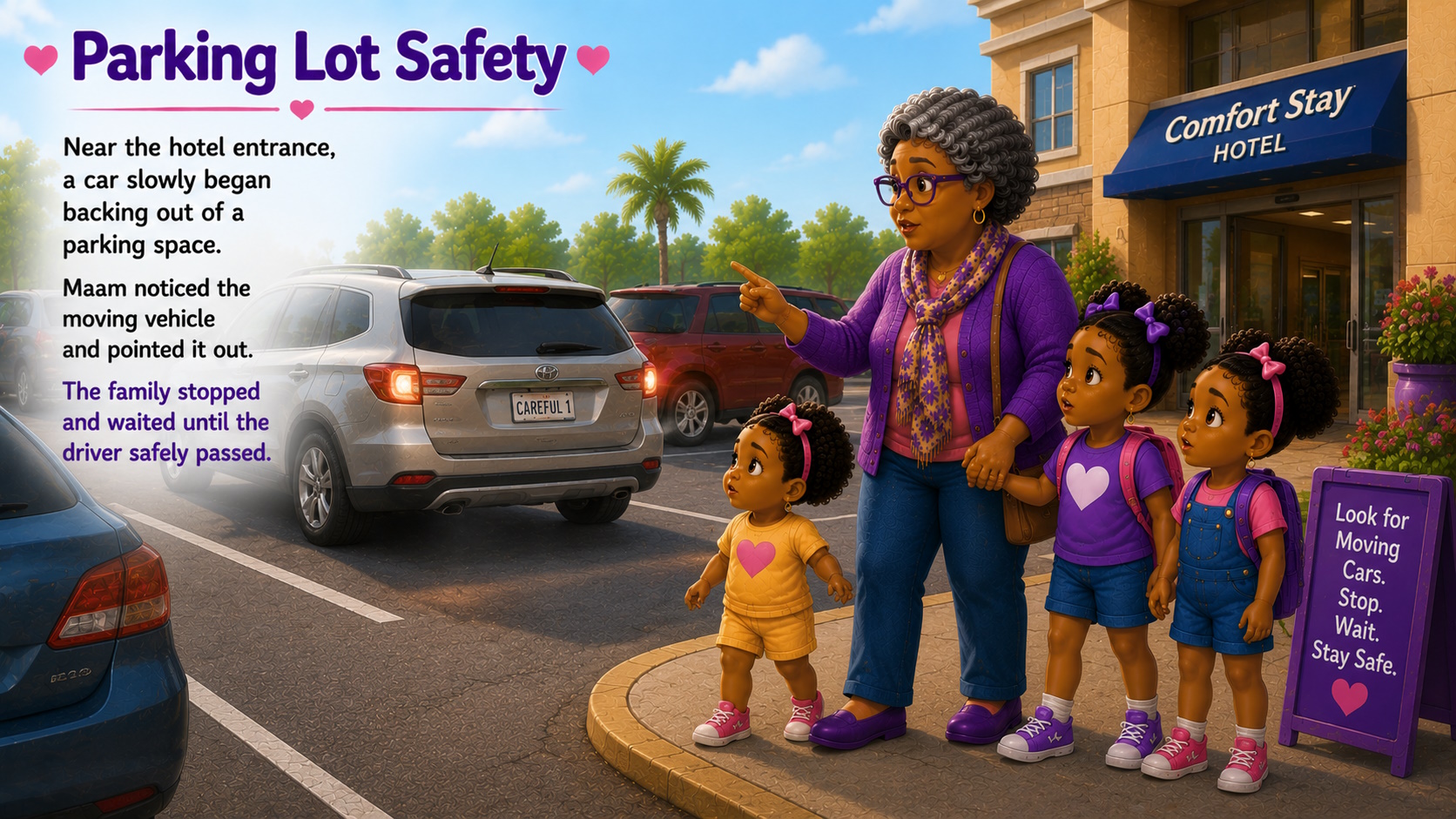 Granny teaches girls about parking lot safety.