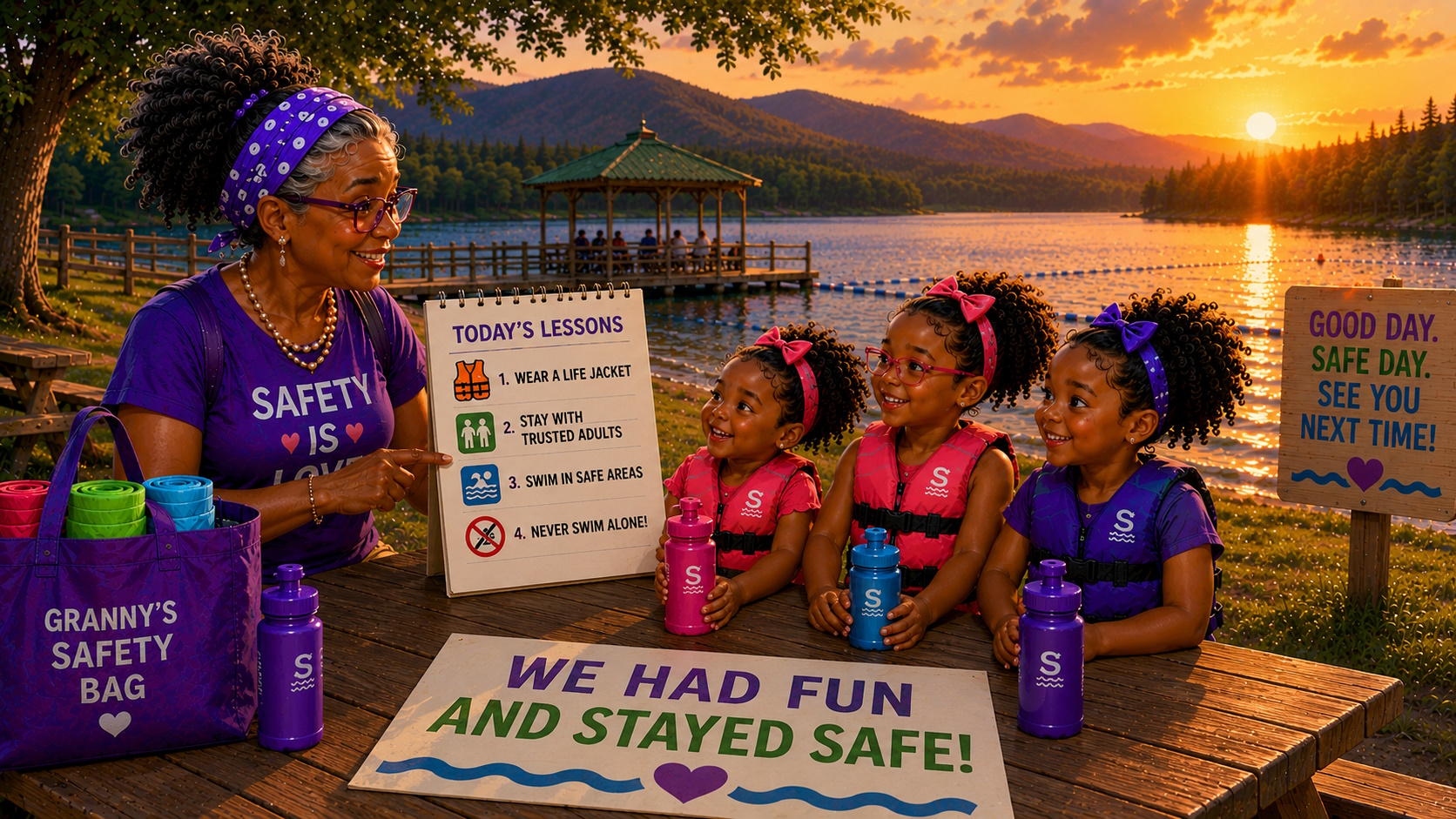 Granny teaches girls about being safe near water.